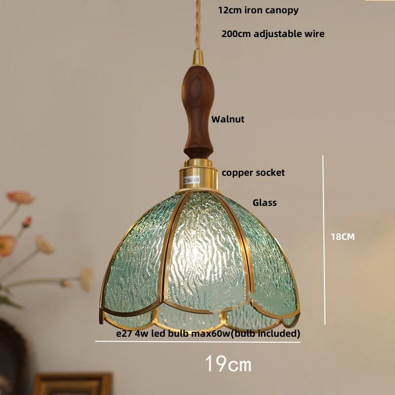 Afralia™ Walnut Wood LED Pendant Lamp with Cyan Glass Shade