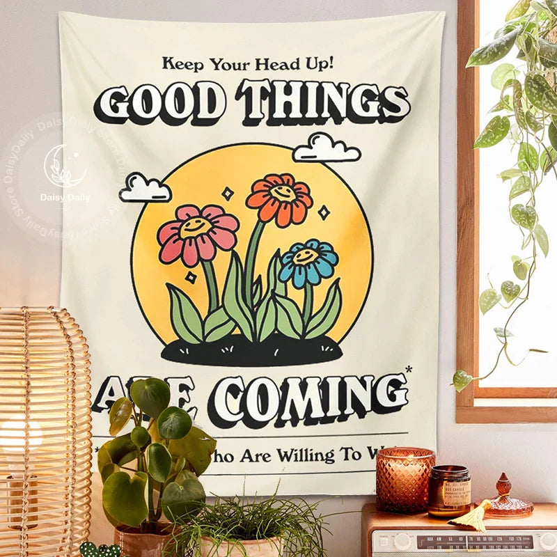 Afralia™ Cartoon Flowers Tapestry Wall Hanging | Kawaii Room Decoration & Boho Wall Decor