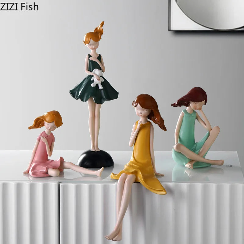 Afralia™ Cartoon Girl Resin Sculpture Desk Decoration Room Ornament Artifacts