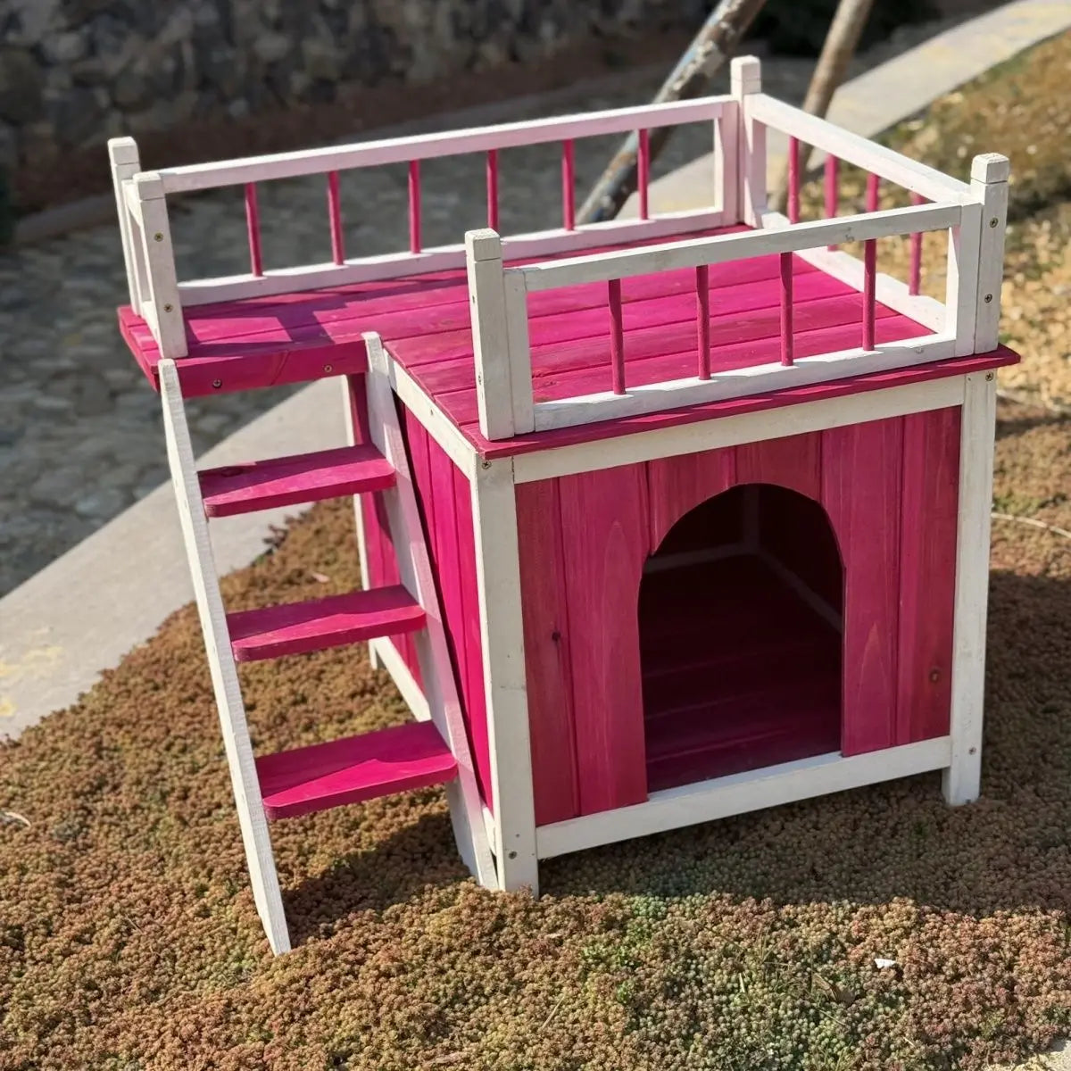 Afralia™ Wooden Pet Villa with Balcony Stairs for Cats and Small Dogs