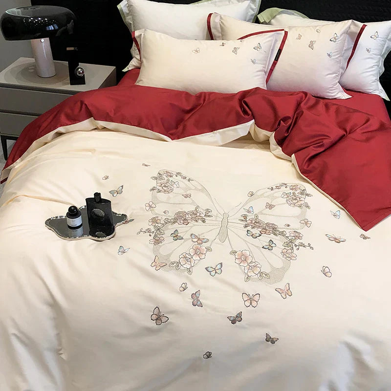 Afralia™ Butterfly Flowers Embroidery Wedding Bedding Set 1000TC Egyptian Cotton Duvet Cover