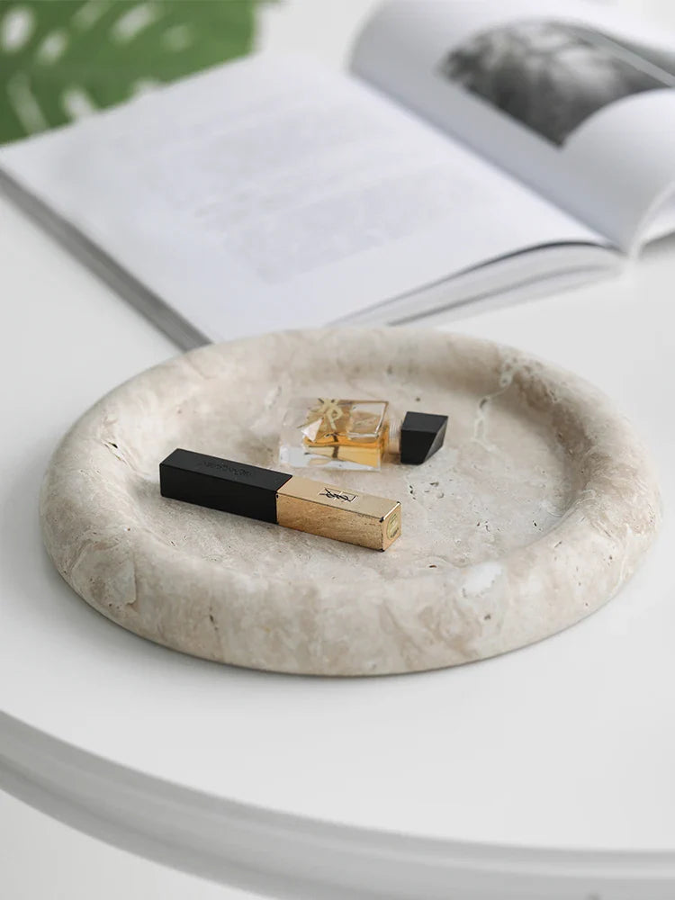 Afralia™ Beige Travertine Serving Tray: Vintage Home Decor Round Vanity & Jewelry Plate