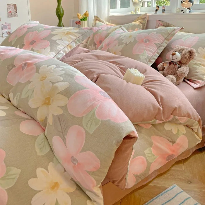 Afralia™ Plant Printed Cotton Brushed Duvet Cover Set for Double Bed