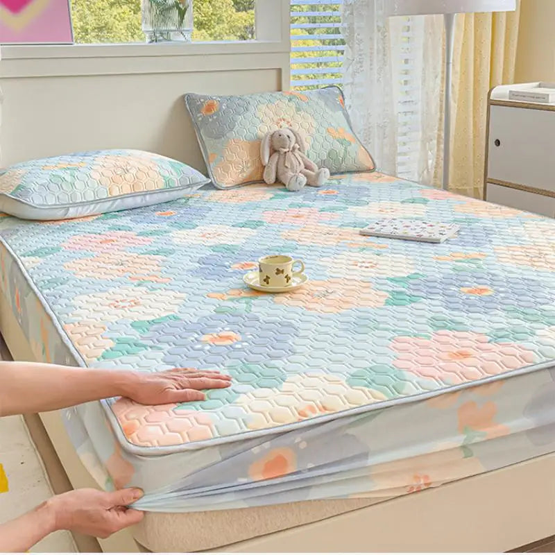 Afralia™ Cool Silk Latex Fitted Sheet Set with Pillowcases, Summer Ice Silk, Single Double Bed