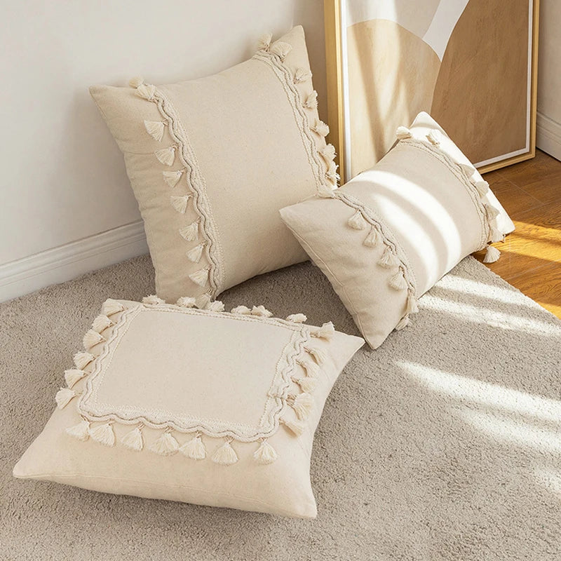 Afralia™ Morroco Beige Fringed Cushion Cover 30X50/45X45cm Handmade Cotton Weave Tassel Pillowcase