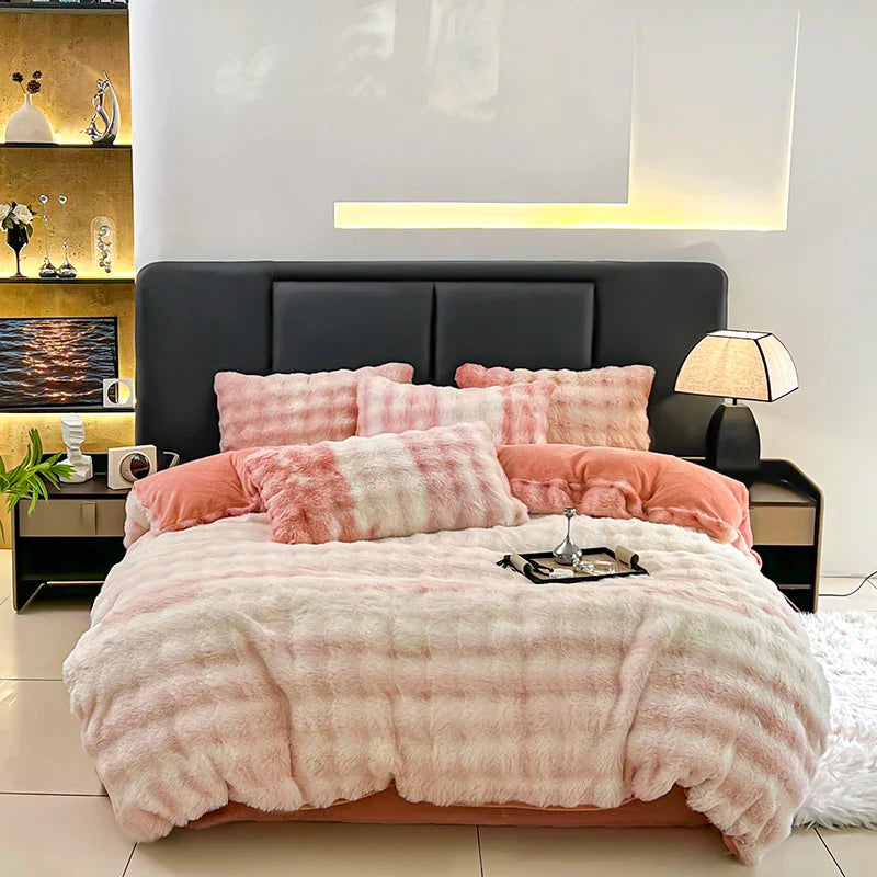 Afralia™ Gradient Gray Faux Rabbit Fur Velvet Bedding Set: Duvet Cover, Bedsheet, Pillowcase