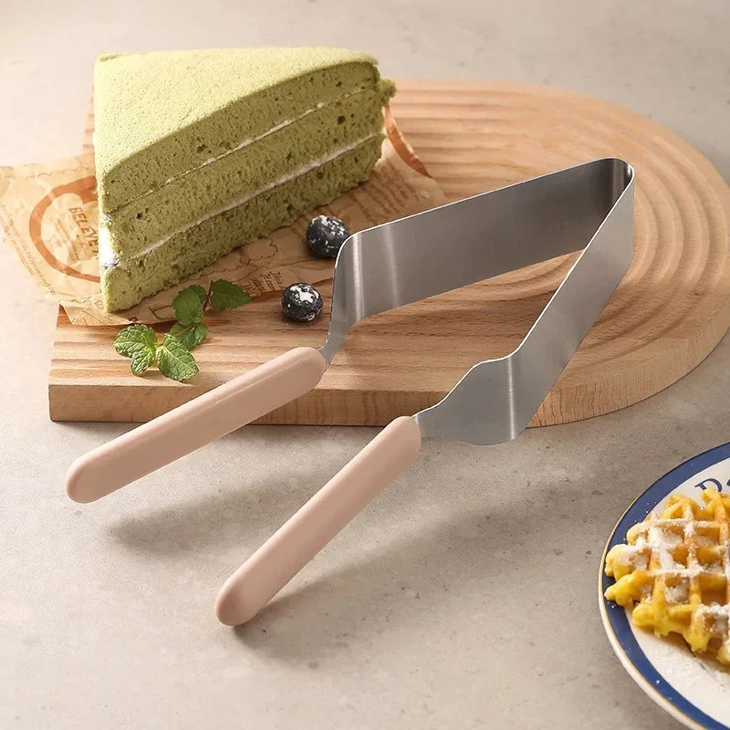 Afralia™ Stainless Steel Triangular Cake Slicer with Double Handle & Curved Leaf Design