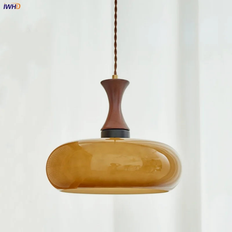 Afralia™ Vintage Amber LED Pendant Light Fixture Wood Glass Loft Adjustable Hang Lamp
