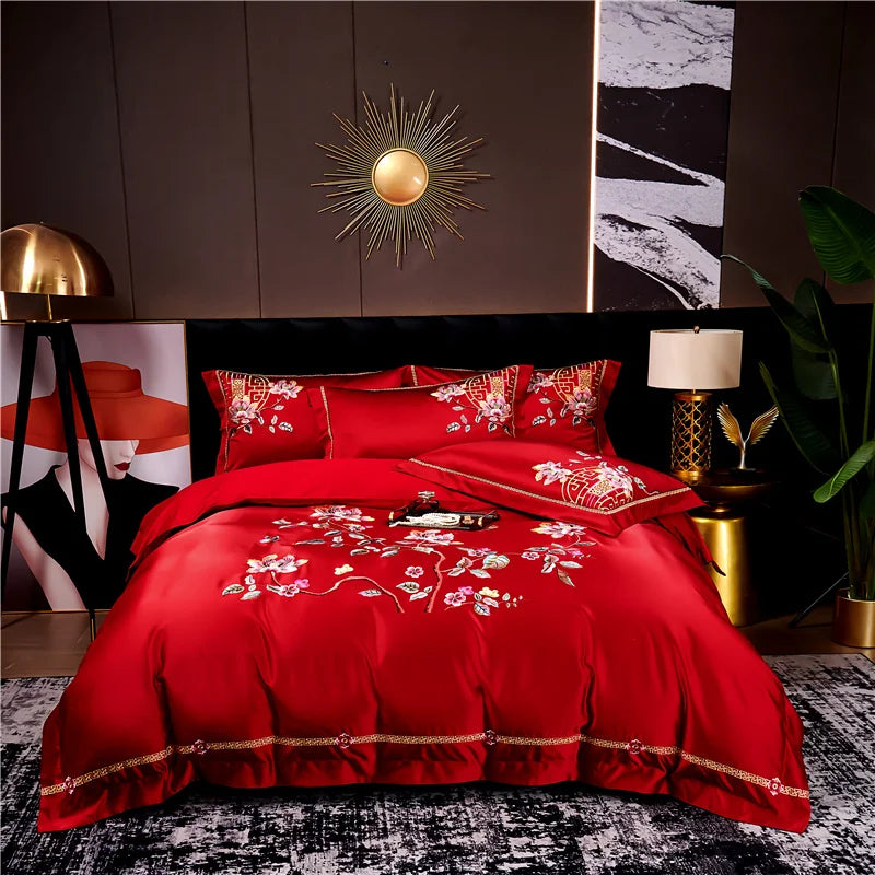 Afralia™ Peony Flowers Embroidery Bedding Set - Luxury Chinese Style - Duvet Cover & Sheets