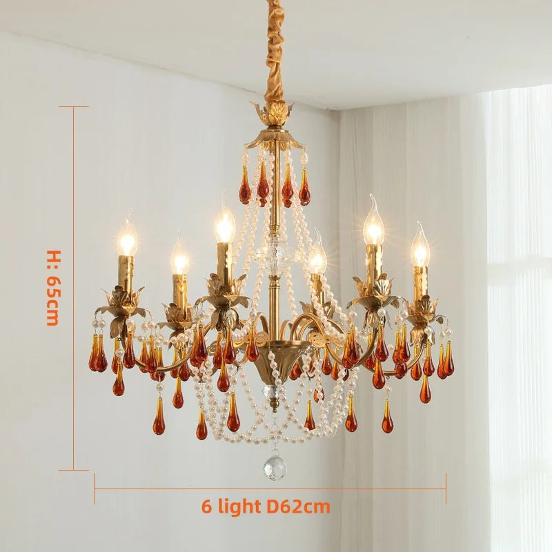 Afralia™ Luxury Red Crystal Candle Chandelier LED Pendant Light - Copper E14 Glamourizing Luminarias