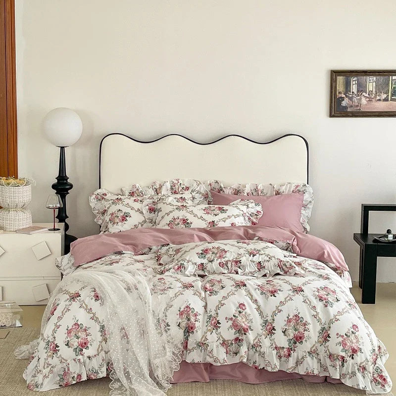 Afralia™ Vintage Rose Lace Ruffles Bedding Set - 100% Cotton French Style