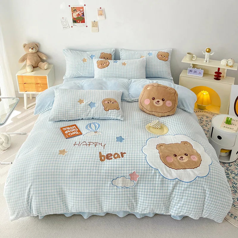Afralia™ Cartoon Rabbit Applique Embroidery Bedding Set with Velvet Fleece for Cozy Comfort