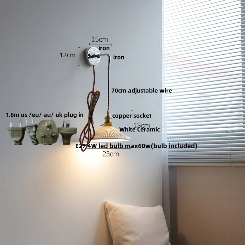 Afralia™ Ceramic LED Wall Sconce Pull Chain Switch Mirror Light Fixture