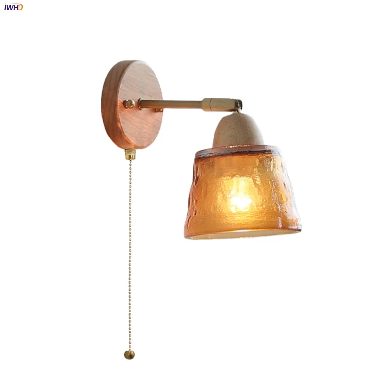 Afralia™ Wood Canopy LED Wall Lights Pull Chain Switch Amber Glass Modern Bedside Sconce