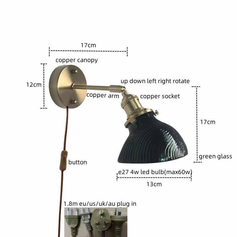 Afralia™ Green Glass Copper LED Wall Lamp Sconce Modern Nordic Design