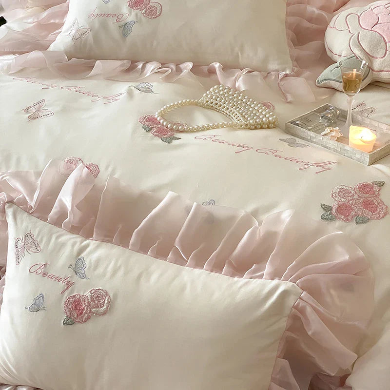 Afralia™ Butterfly Flowers Lace Ruffles 4Pcs Bedding Set: Duvet Cover, Sheet, Pillowcases