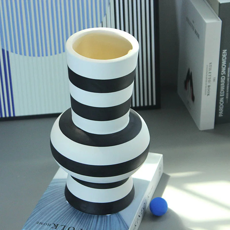 Afralia™ Striped Ceramic Vase: Geometric Black & White Hydroponic Flower Arrangement