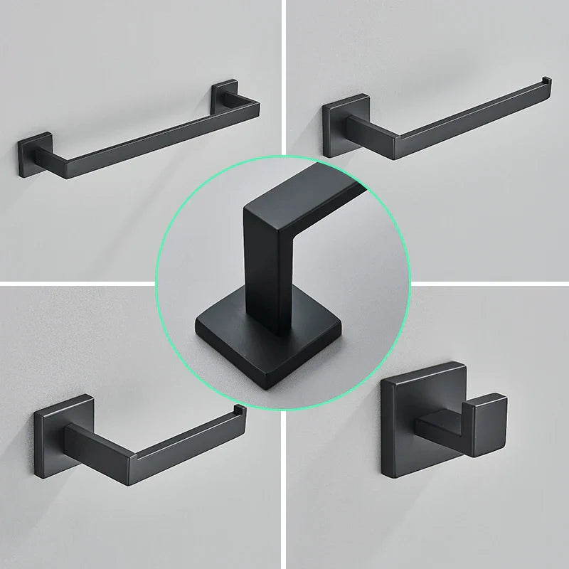 Afralia™ Black Bathroom Hardware Set: Robe Hook, Towel Rail, Shelf, Tissue Holder