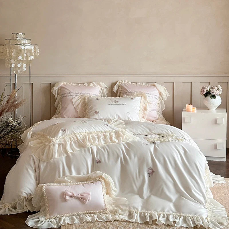 Afralia™ Vintage Rose Embroidery Lace Princess Wedding Bedding Set
