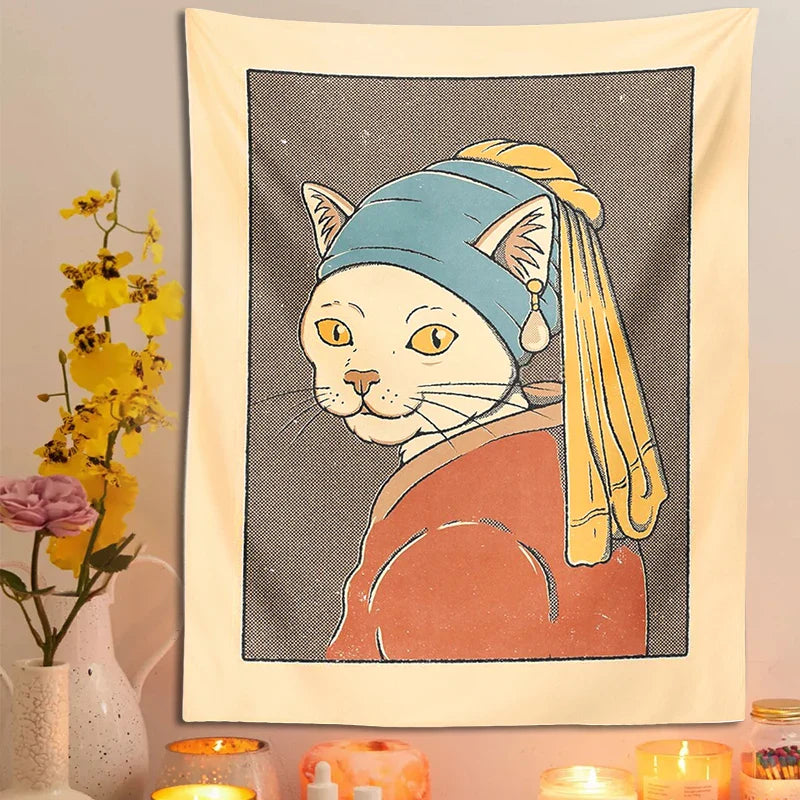 Afralia™ Cat With Pearl Earring Metal Wall Hanging Tapestry Art