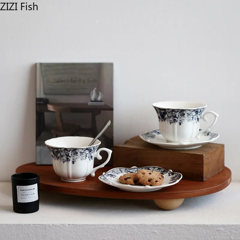 Afralia™ Grey Blue Rose Ceramic Cup & Saucer Set, Classical Mugs for Dining Table and Coffee Mug
