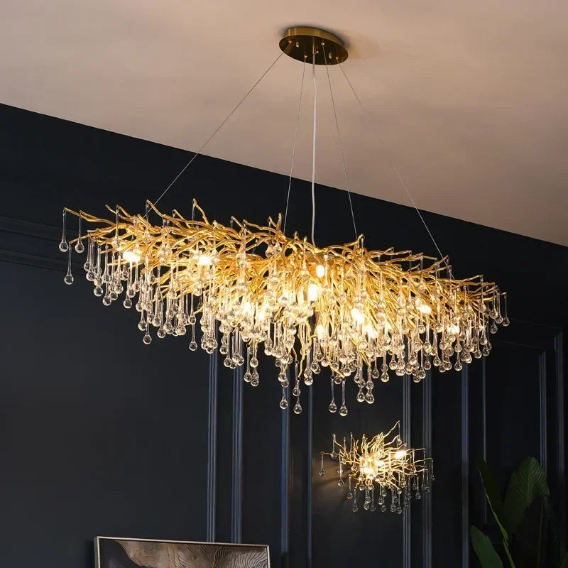 Afralia™ Branch-shaped Golden Crystal Chandelier for Villa Bedroom and Living Room