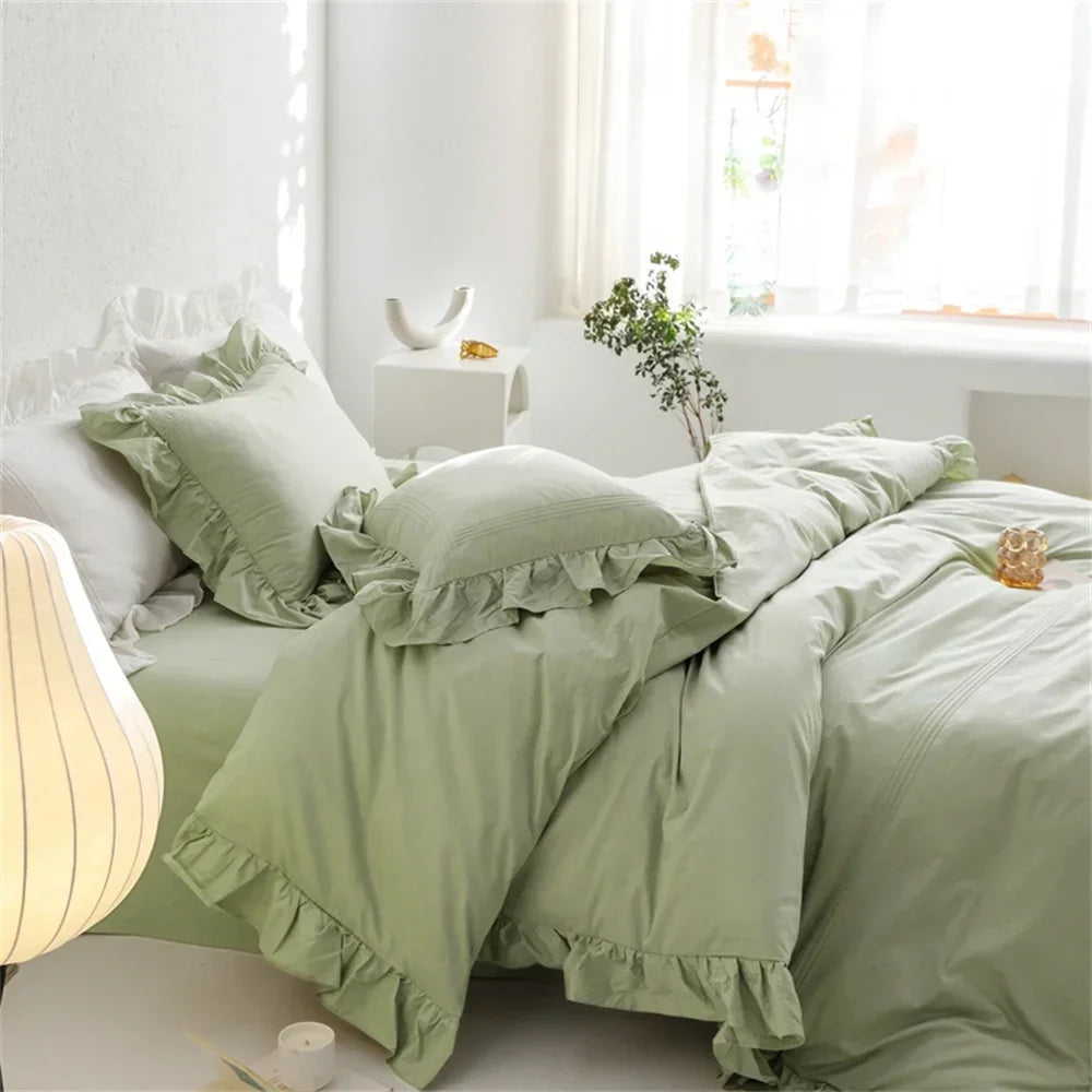 Afralia™ Light Green Flounce 600TC Egyptian Cotton Bedding Set - Queen/King Size