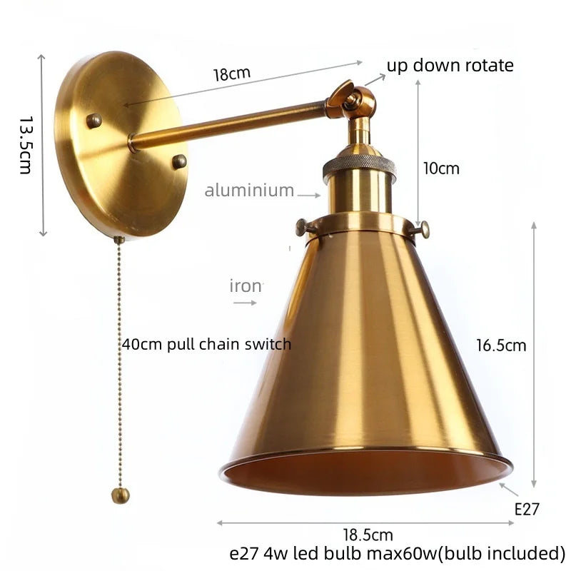 Afralia™ Vintage Industrial Gold Iron Wall Lamp for Restaurant Bedroom Stair Lighting
