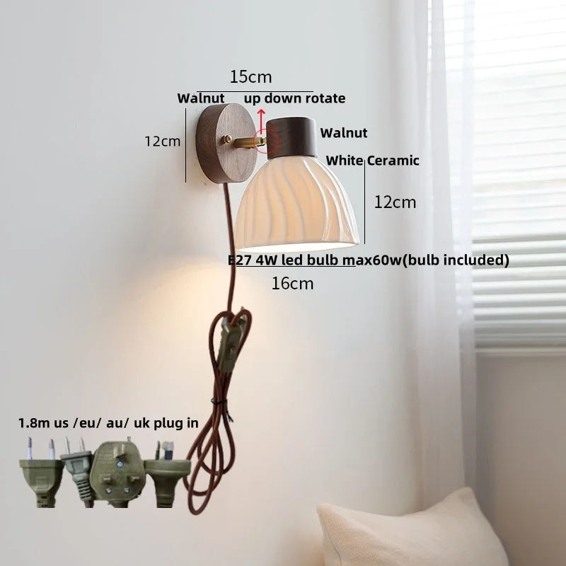 Afralia™ White Ceramic Wood LED Wall Light Fixture Pull Chain Switch Bedside Lamp