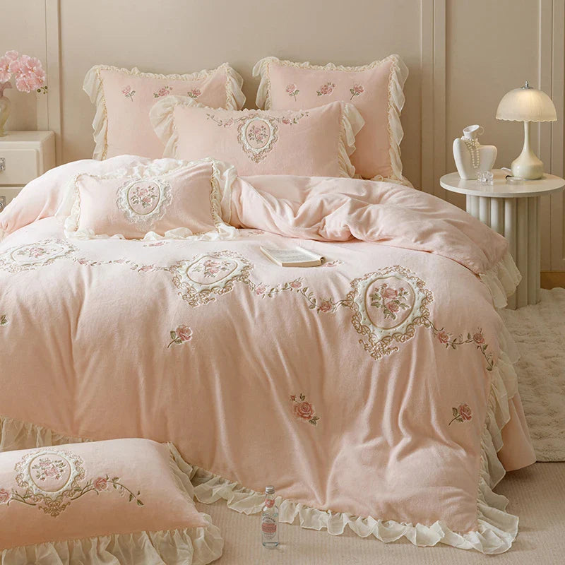 Afralia™ Velvet Rose Flowers Ruffles Princess Bedding Set with Embroidery