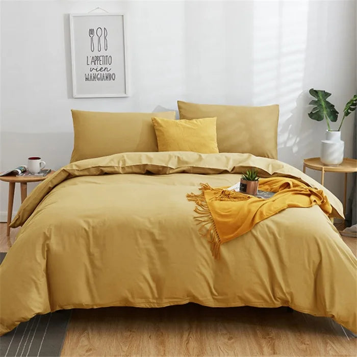 Afralia™ Cotton 4pcs Bedding Set Double Queen Solid Color Duvet Cover Flat Bed Sheet