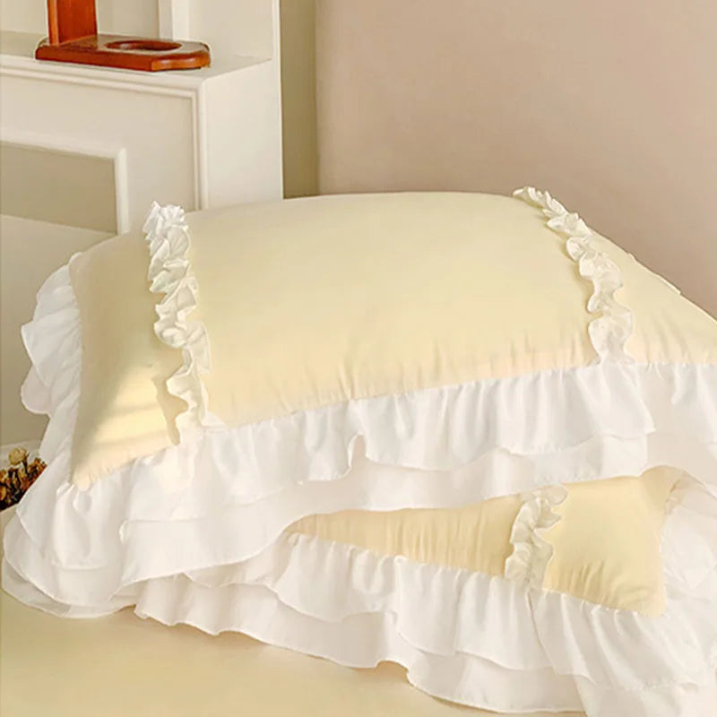 Afralia™ Korean Princess Lolita Bed 4-Piece Set in Solid Washed Cotton