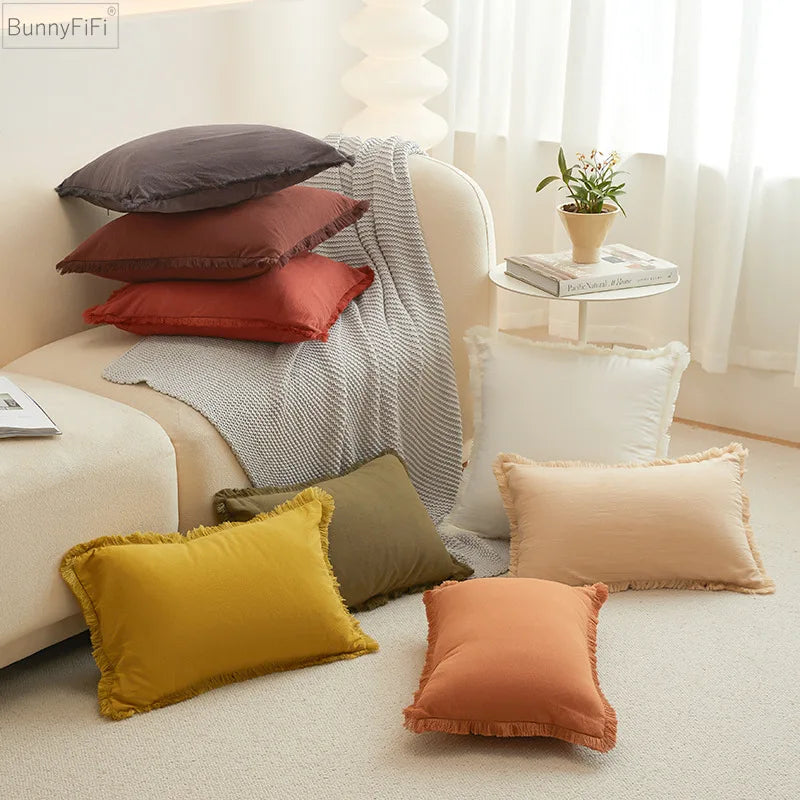 Afralia™ Washed Cotton Fringed Tassel Pillow Cover Set - White & Mustard