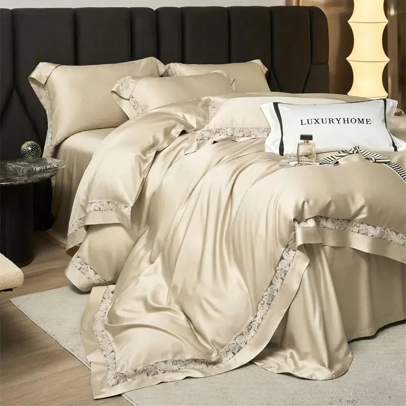 Afralia™ Soft Silky Lyocell Cotton Bedding Set with Hollow Lace Wide Edge