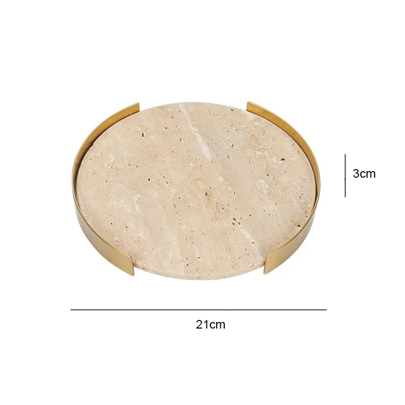 Afralia™ Beige Brown Travertine Marble Tray with Metal Frame