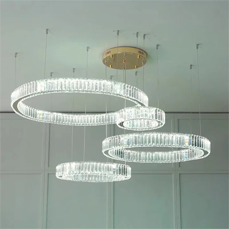 Afralia™ Crystal LED Chandelier Rings Pendant Lamp Luxury Villa Stair Decoration