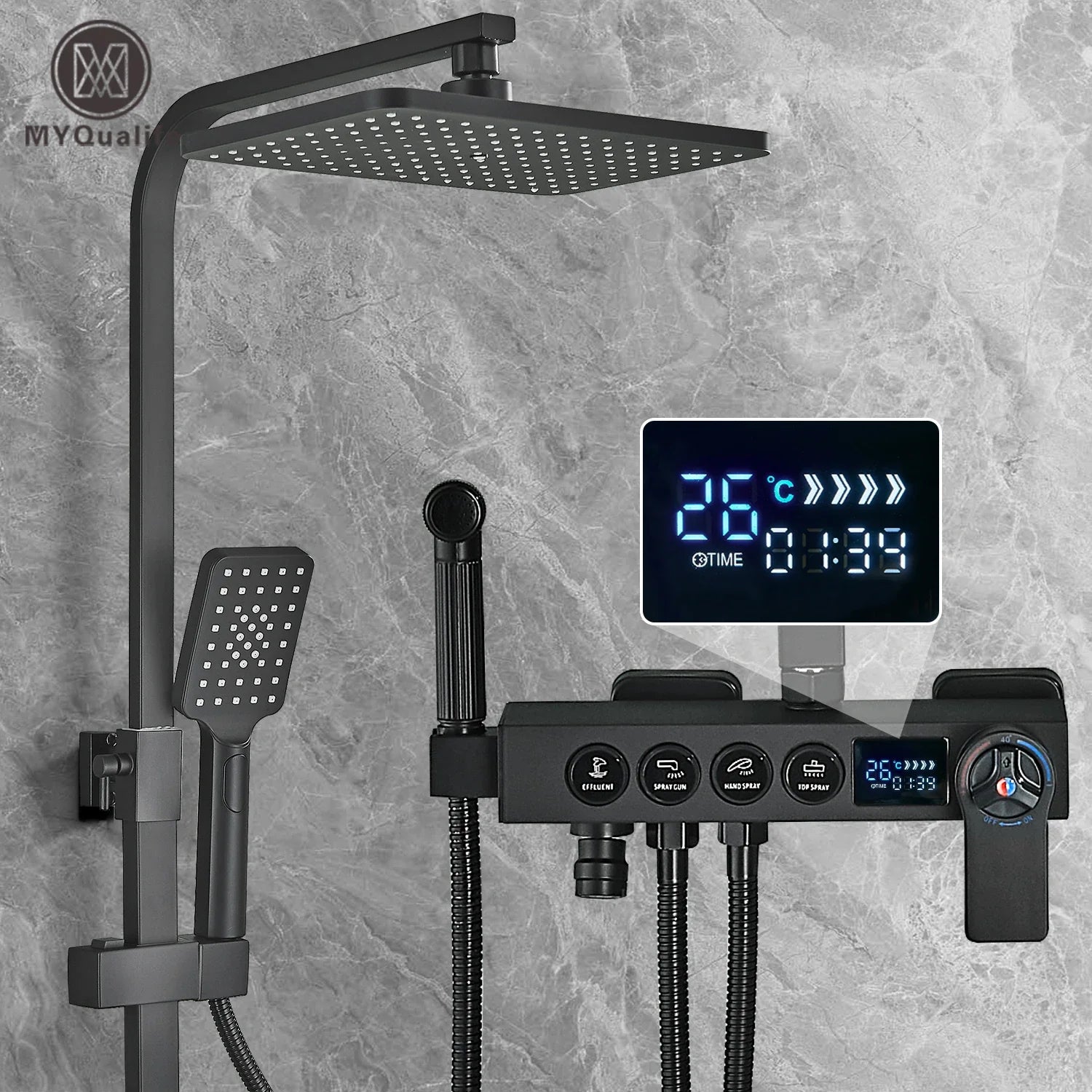 Afralia™ Thermostatic LCD Shower Faucet Set with 4 Way Rainfall System and Bidet Shelf