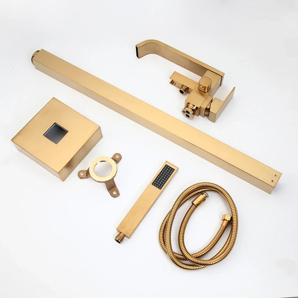 Afralia™ Brushed Gold High Rise Round Bath Mixer Roman Tub Faucet Set Floor Stand