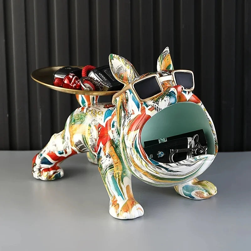 Afralia™ Resin French Bulldog Figurine with Tray - Colorful Dog Statue for Home Office Decor
