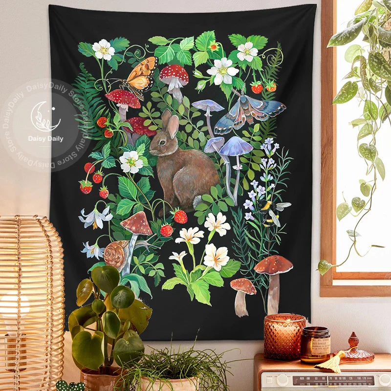 Afralia™ Rabbit Strawberry Garden Tapestry: Psychedelic Mushroom Flower Boho Wall Art