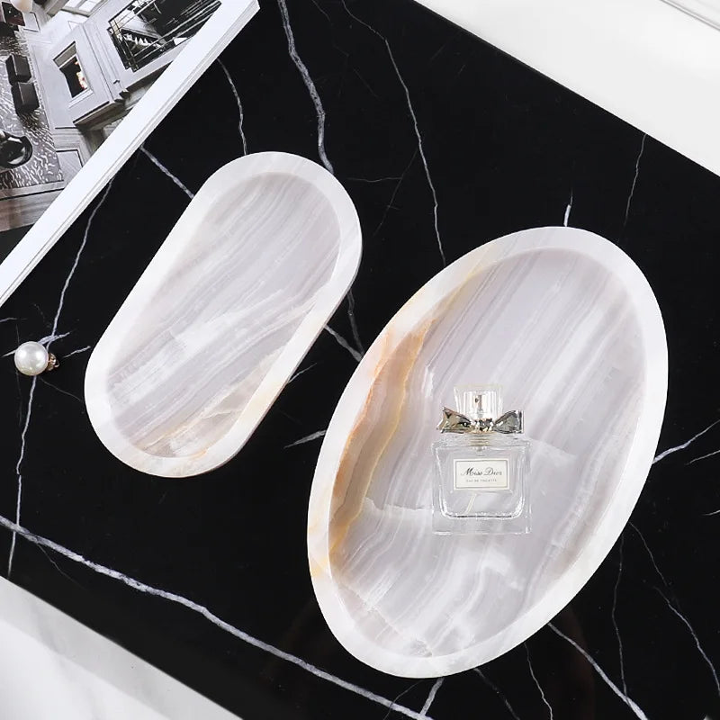 Afralia™ White Onyx Marble Tray for Perfume & Jewelry, Luxury Stone Decor.