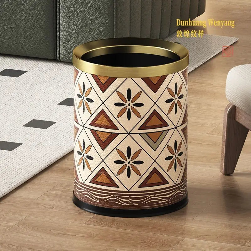 Afralia™ Leather Trash Bin Gold/Silver Metal Large Capacity for Home & Hotel