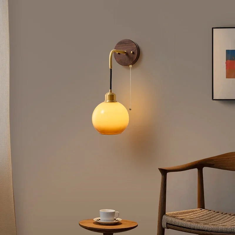 Afralia™ Wood LED Wall Lamp with Pull Chain Switch for Living Room, Dining Room, Bathroom