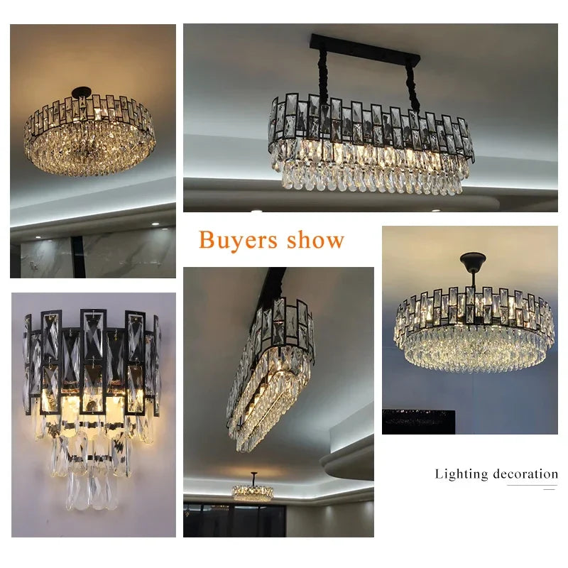 Afralia™ Crystal LED Chandeliers Black Round Pendant Light for Living Room Dining Indoor Kitchen Bedroom