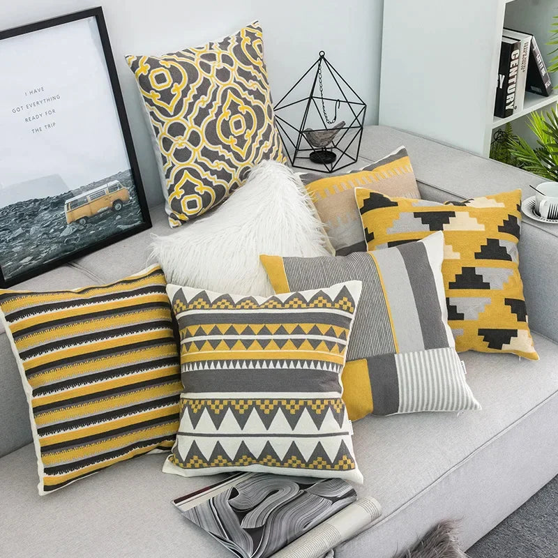 Afralia™ Geometric Canvas Cotton Cushion Cover - Yellow Grey/White Embroidery Square Pillow Cover