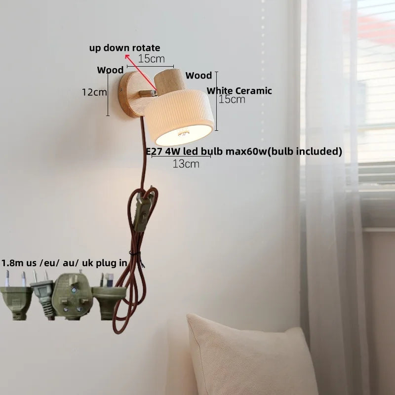 Afralia™ Ceramic LED Wall Lights with Pull Chain Switch, Modern Wood Base Bedside Lamp