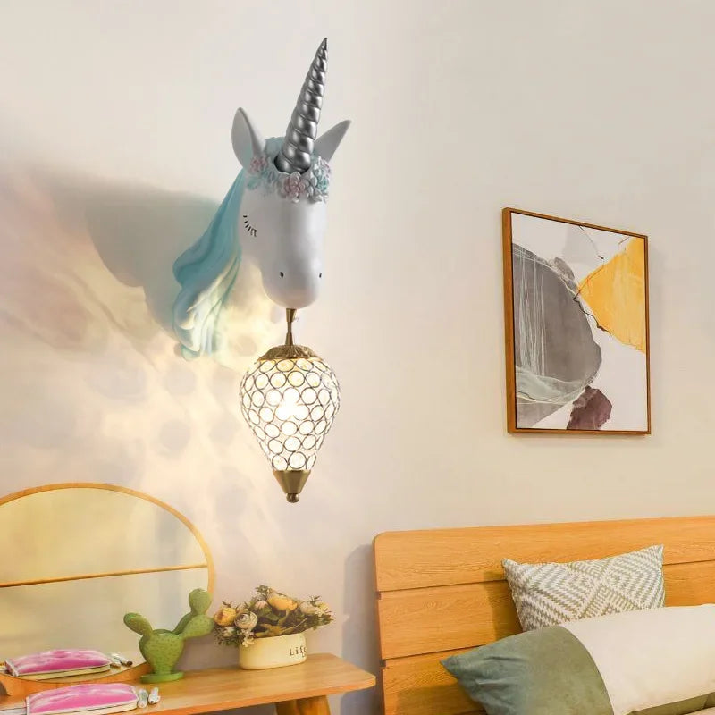 Afralia™ Unicorn Crystal LED Wall Lamp: Modern Nordic Style for Children's Room Decor.