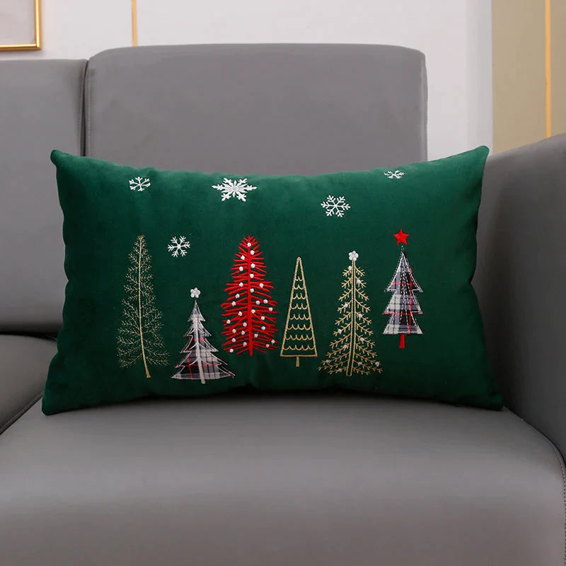 Afralia™ Christmas Tree Snowflake Embroidery Cushion Cover - Red Green Square Pillow Case