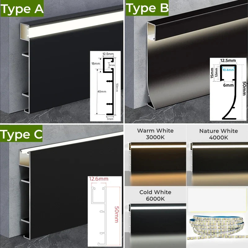 Afralia™ Black Aluminium LED Profile for Recessed Skirting with Silicone Cover