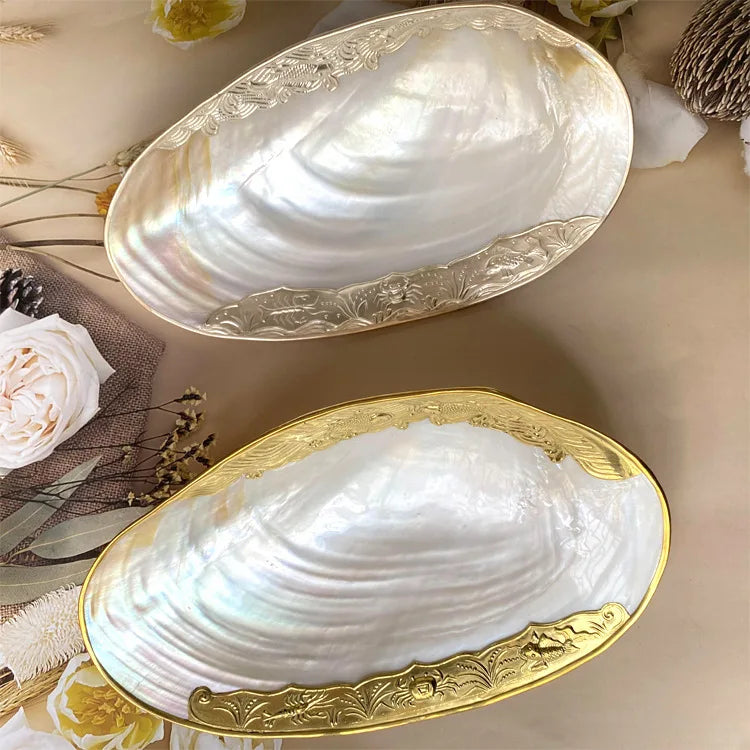 Afralia™ Shells Jewelry Tray, Light Luxury Gold-rimmed, Living Room Decor, Tabletop Fruit Tray